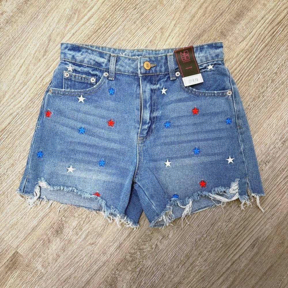 No Boundaries Star Embroidered High Rise‎ Destructed Denim Shorts Blue Womens 3